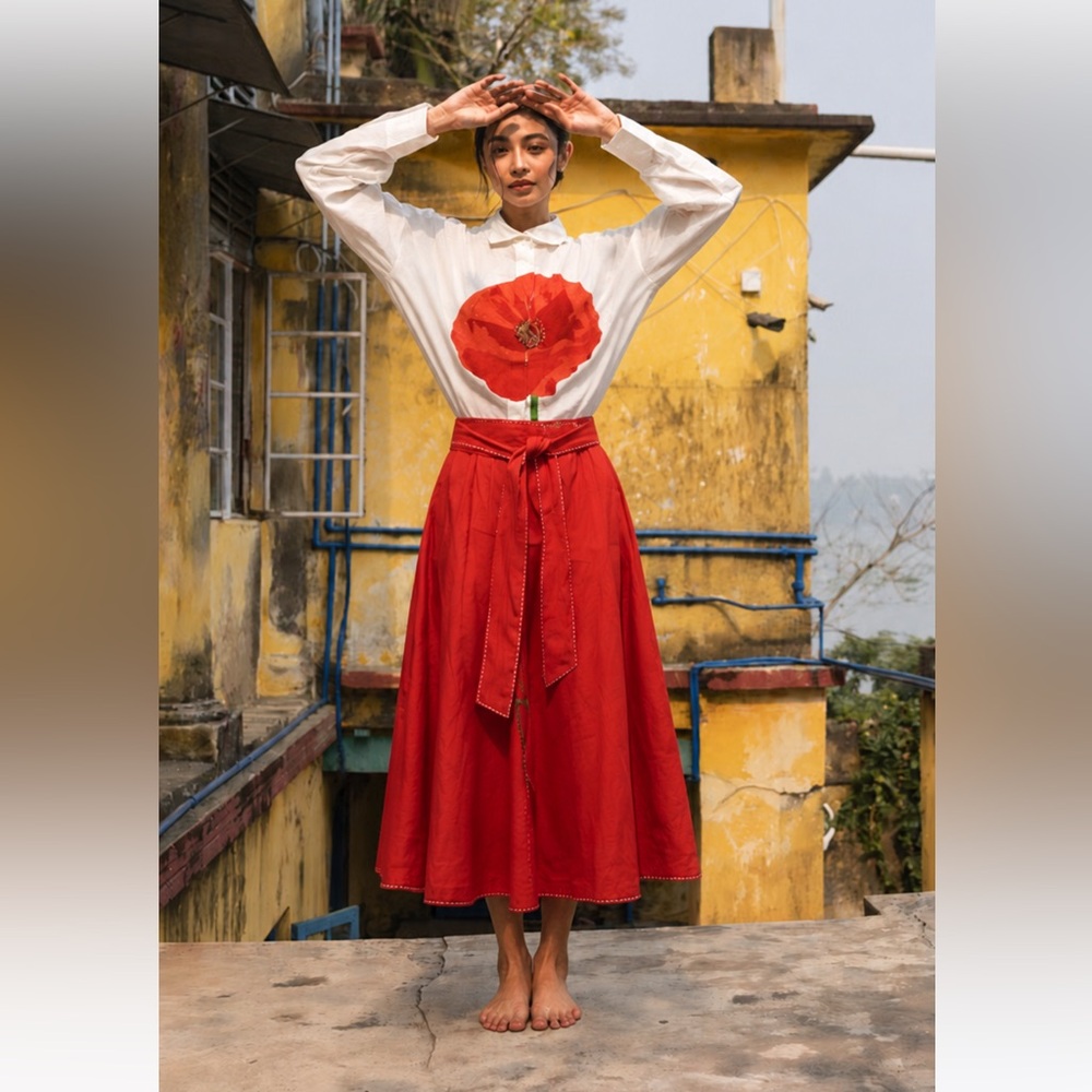 Mii collection France “en fete” orange hand embroidered cotton wrap skirt XS